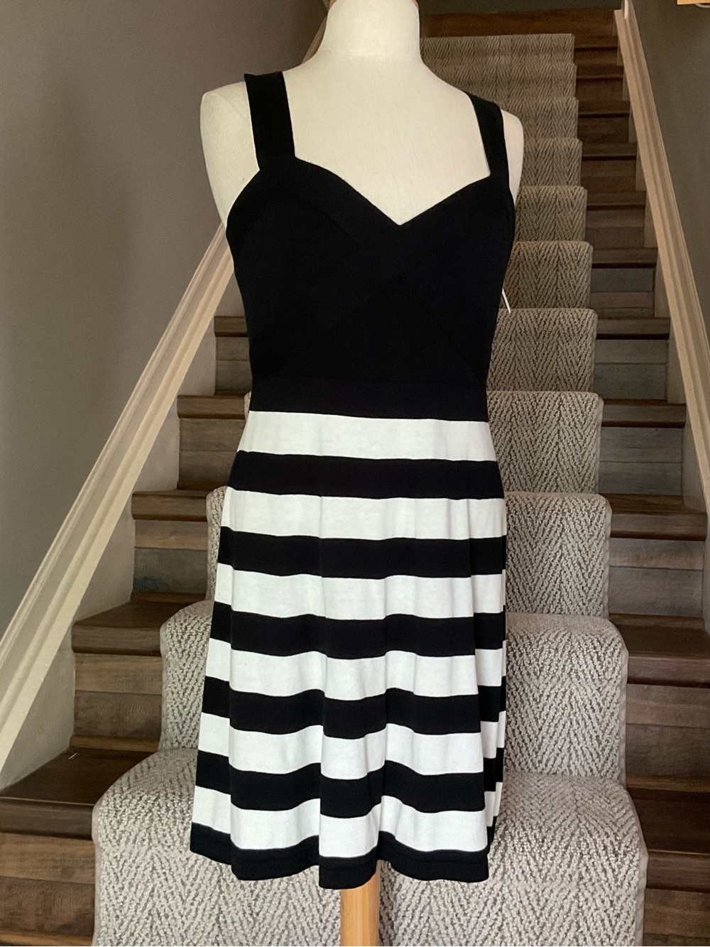 Trina Turk Black & White Striped Fit-and-Flare Sweater Dress